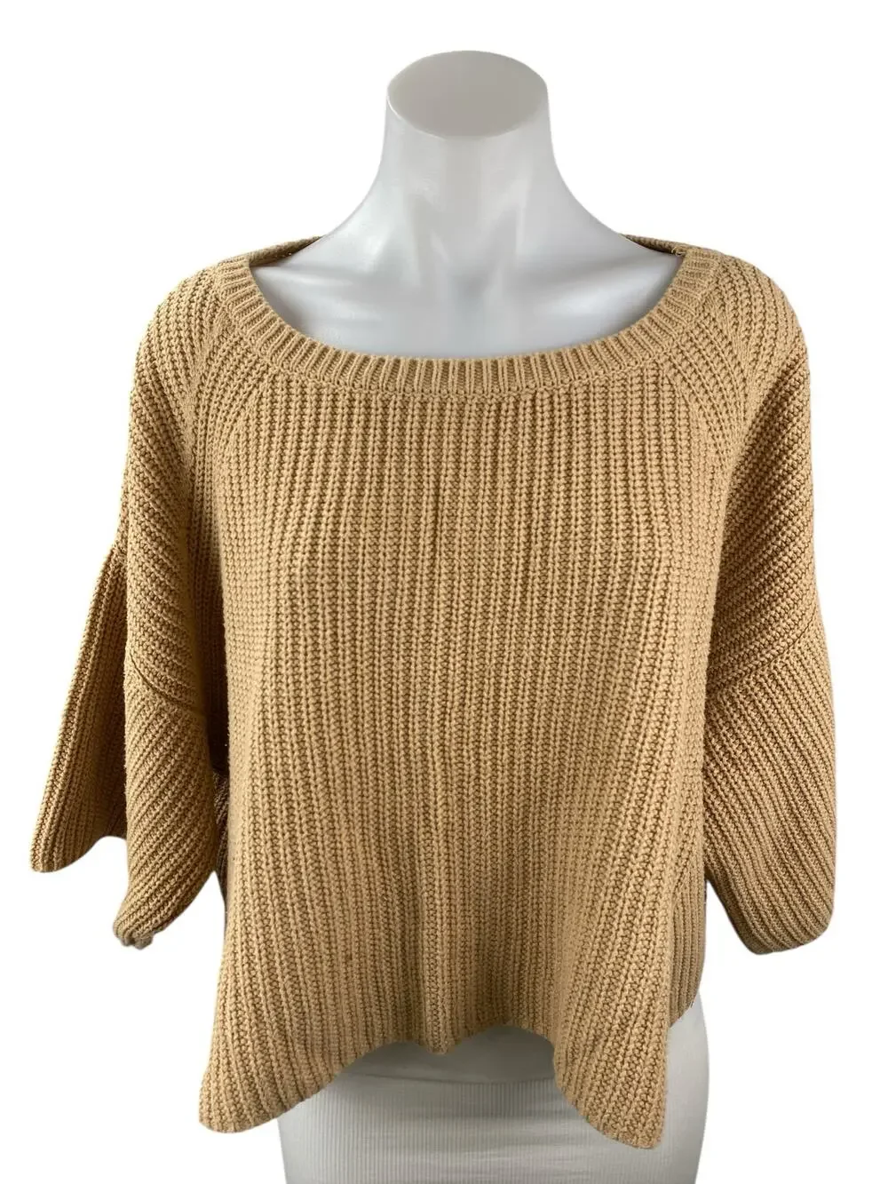 Free People Women's Tan Beige Half Dolman Sleeve Knit Boxy Sweater Top One Size
